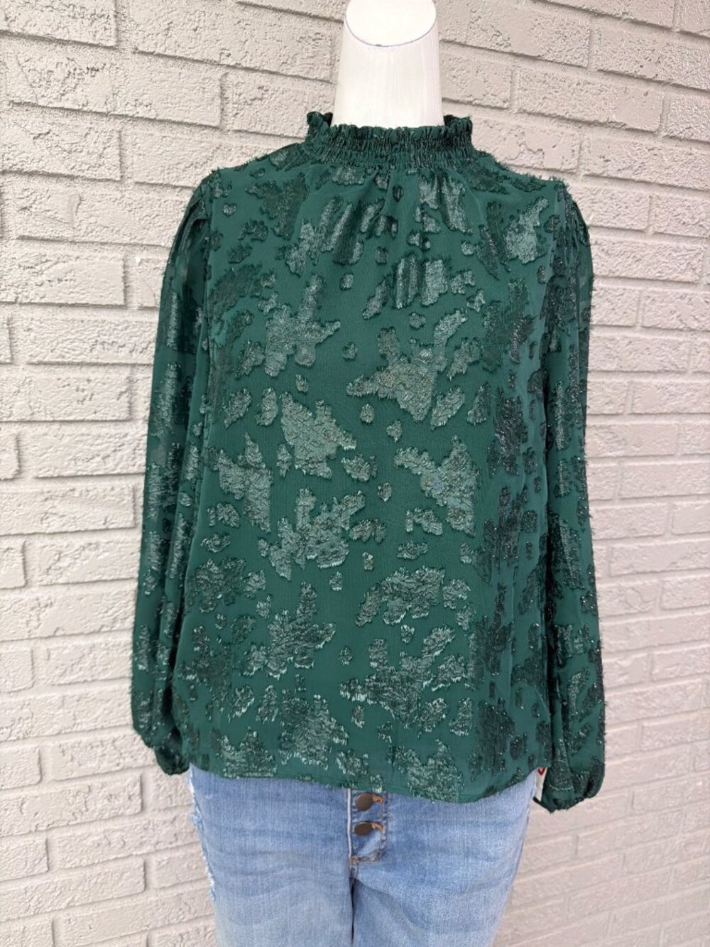Melloday Ruffle Neck Long Sleeve Hunter Green Lace Blouse Size S